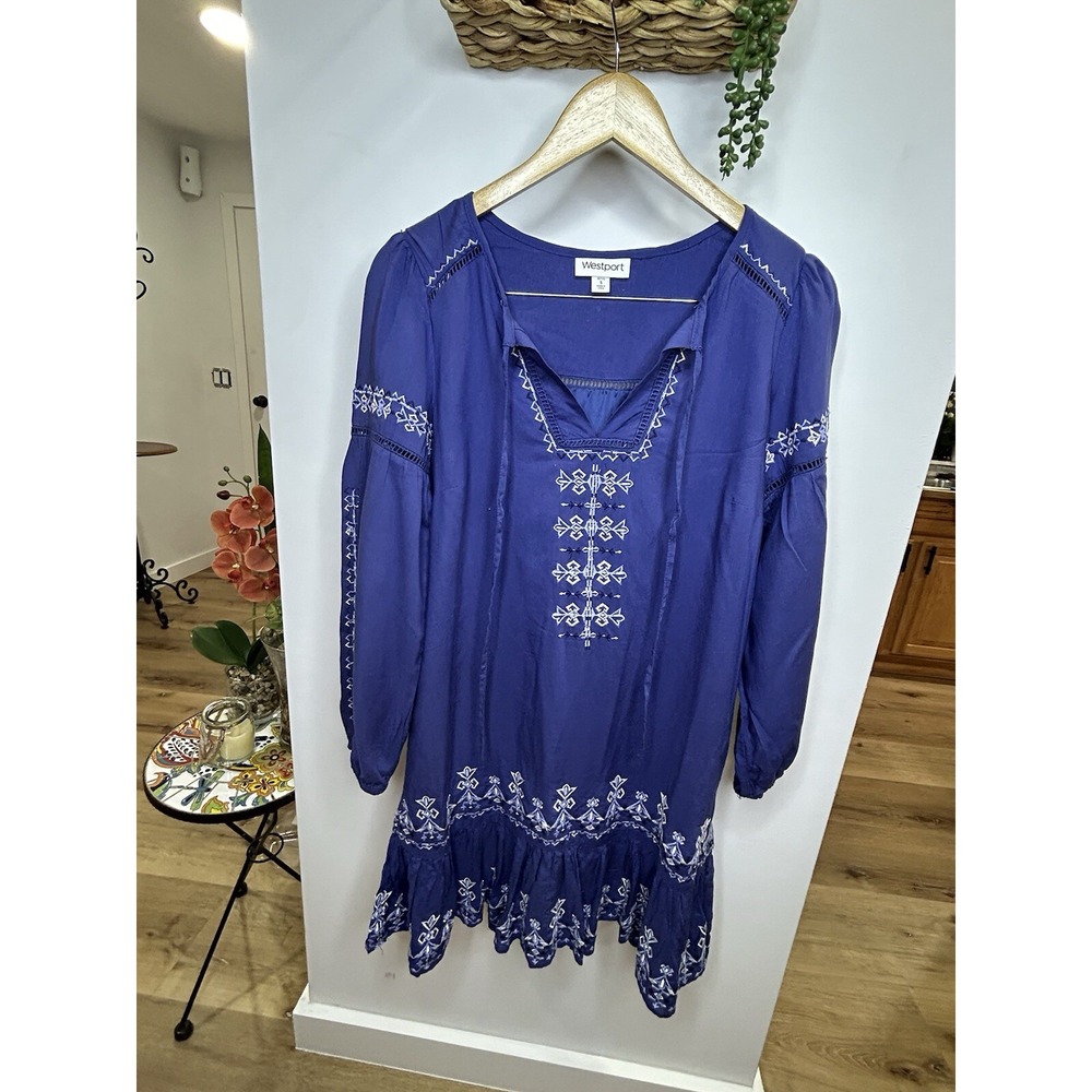 Westport Women's Dress Boho Blue Embroidered Lined Bottom Ruffle Hippie Size Ps
